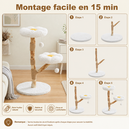 Petit arbre à chat design en bois 92 cm | 2 perchoirs fleuris et griffoir en sisal | Marguerite