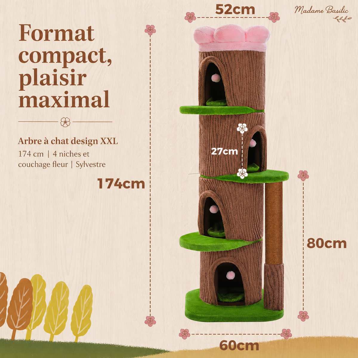 Vérifiez son emplacement avant la commande — Arbre à chat design XXL 174 cm | 4 niches et couchage fleur | Sylvestre