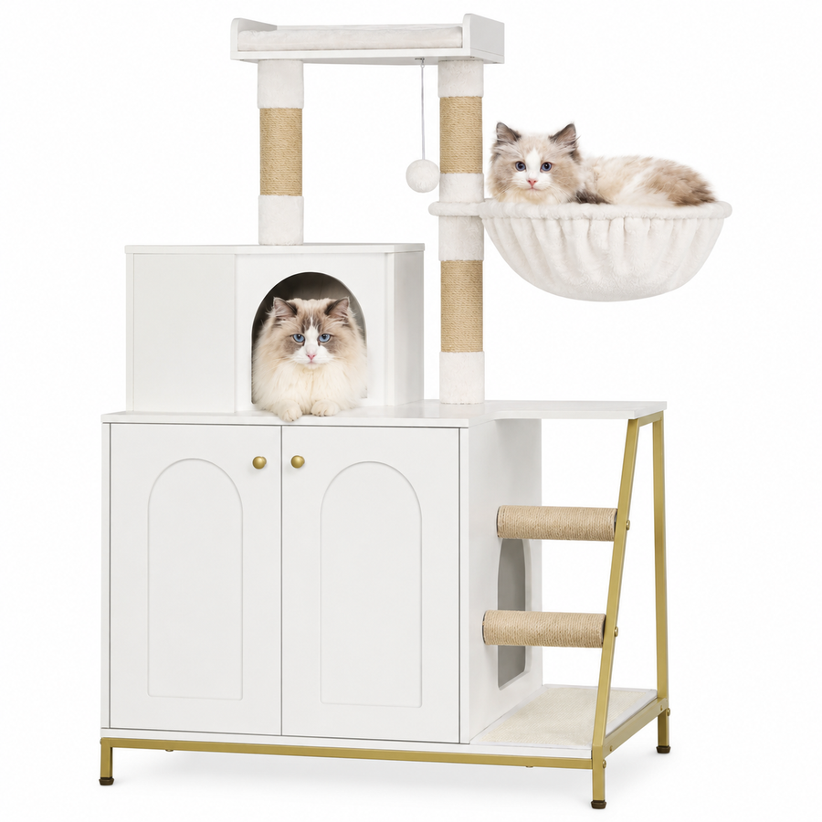 Arbre à chat design en bois avec meuble à litière intégré | Modèle 4-en-1 | Alba