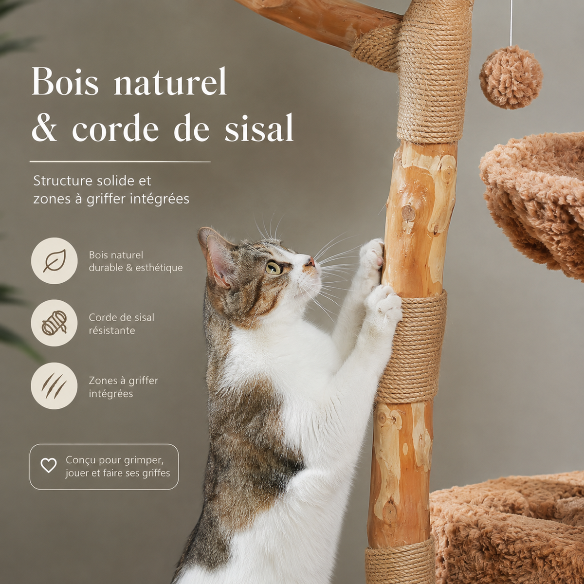 Du bois et du sisal au premier plan — Arbre à chat design en bois floral | Paniers en osier et plateformes rembourrées | Flora