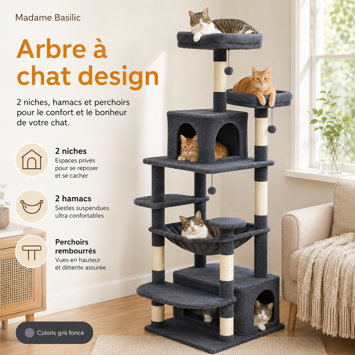 Arbre à chat design | 2 niches, hamacs et perchoirs | Milo