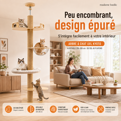 Arbre à chat XXL en bois design ajustable 255–265 cm | Du sol au plafond | Kyoto