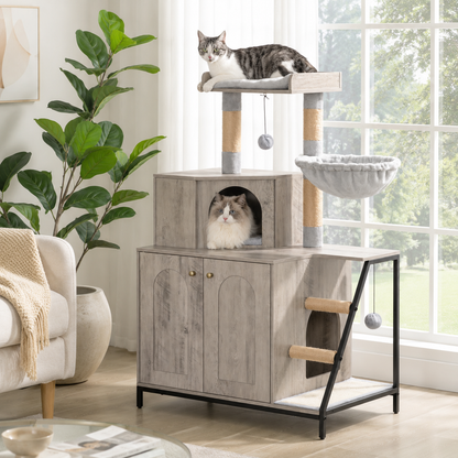 Arbre à chat design en bois avec meuble à litière intégré | Modèle 4-en-1 | Alba