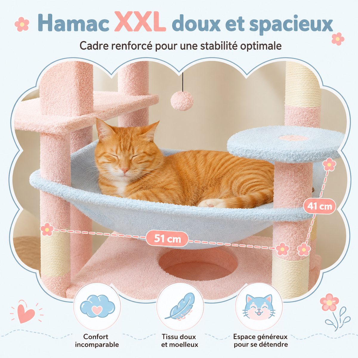 Un hamac XXL pour se lover — Arbre à chat design XXL pastel 184 cm | Niches et perchoirs nuage | Céleste