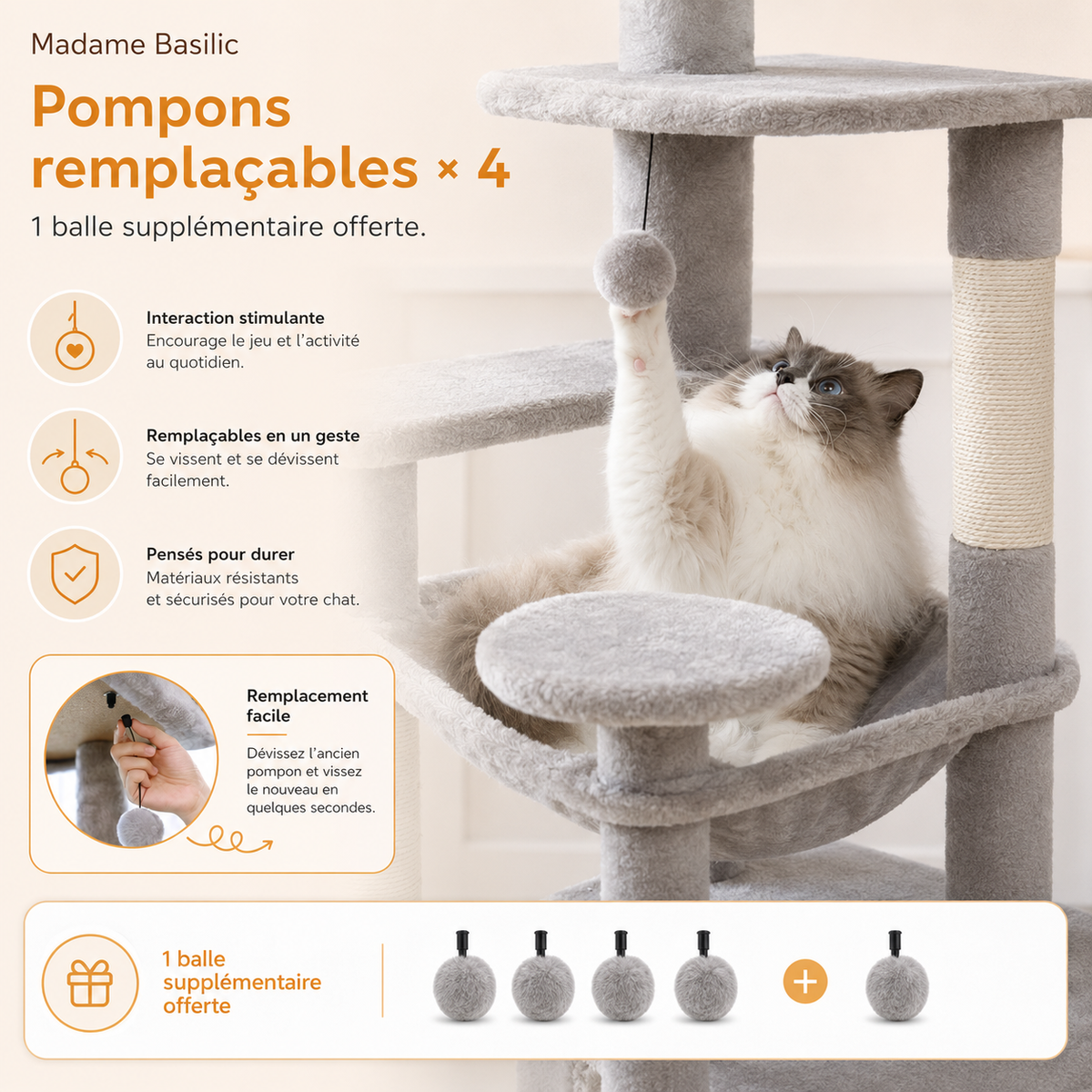 Arbre à chat design | 2 niches, hamacs et perchoirs | Milo