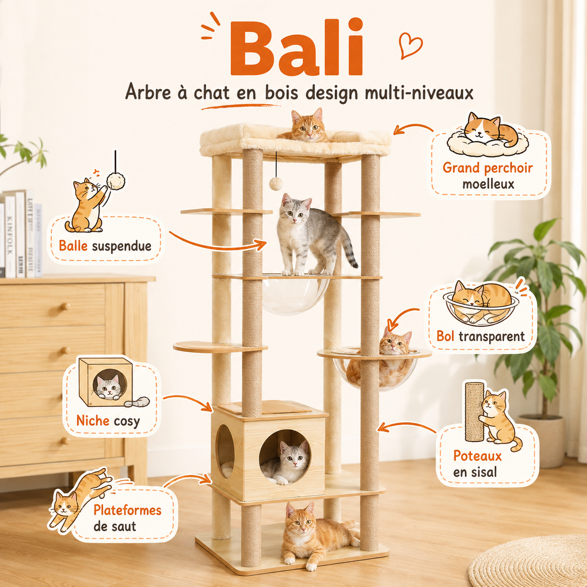 Arbre à chat en bois design multi-niveaux | Niche, hamac et grand perchoir | Bali
