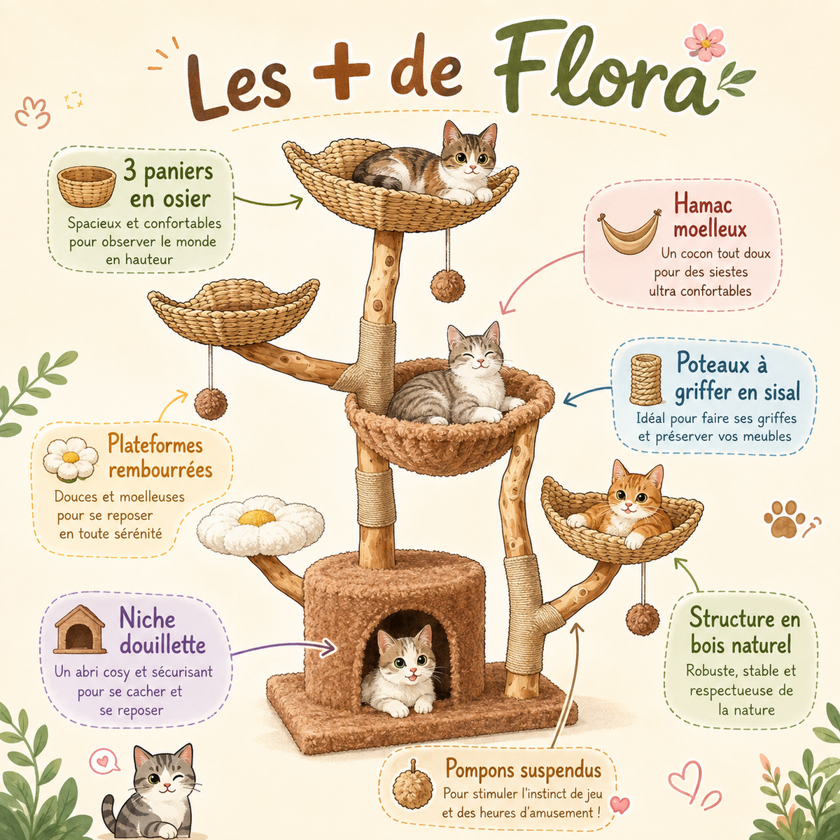 Contenu et détails — Arbre à chat design en bois floral | Paniers en osier et plateformes rembourrées | Flora