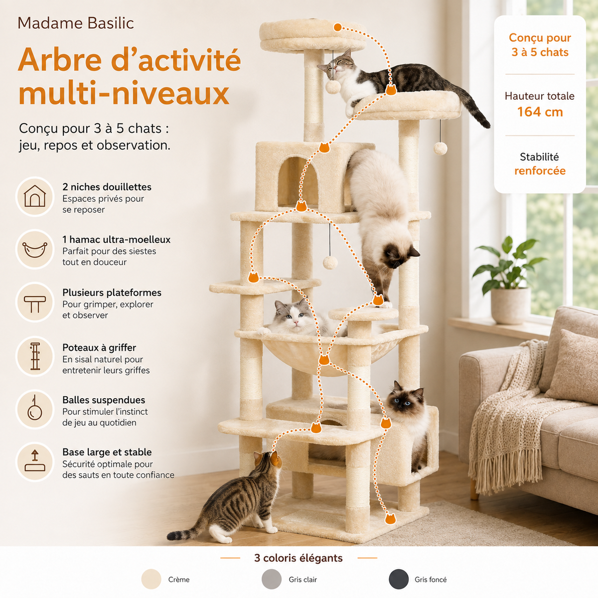 Plusieurs espaces sans surcharger la pièce — Arbre à chat design | 2 niches, hamacs et perchoirs | Milo