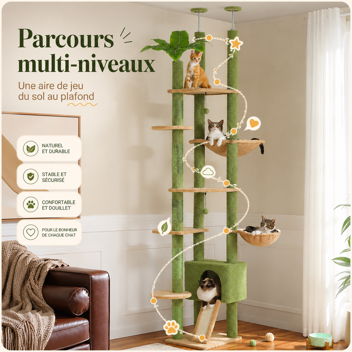 Arbre à chat design XXL cactus du sol au plafond | Niche et hamac | Oasis