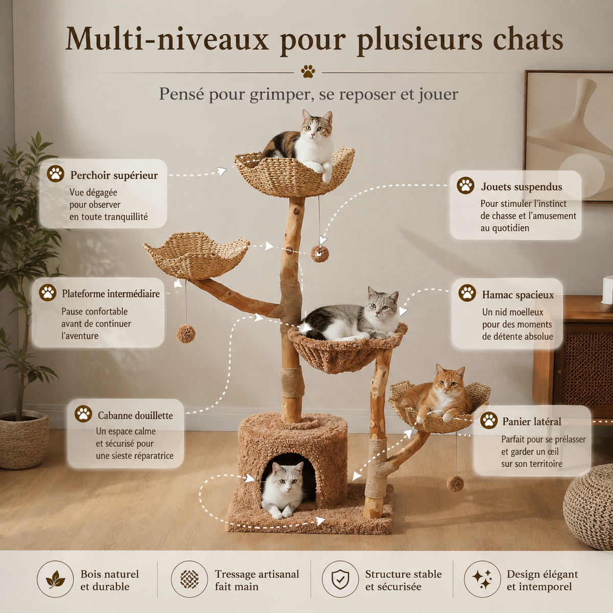 Des niveaux bien séparés — Arbre à chat design en bois floral | Paniers en osier et plateformes rembourrées | Flora