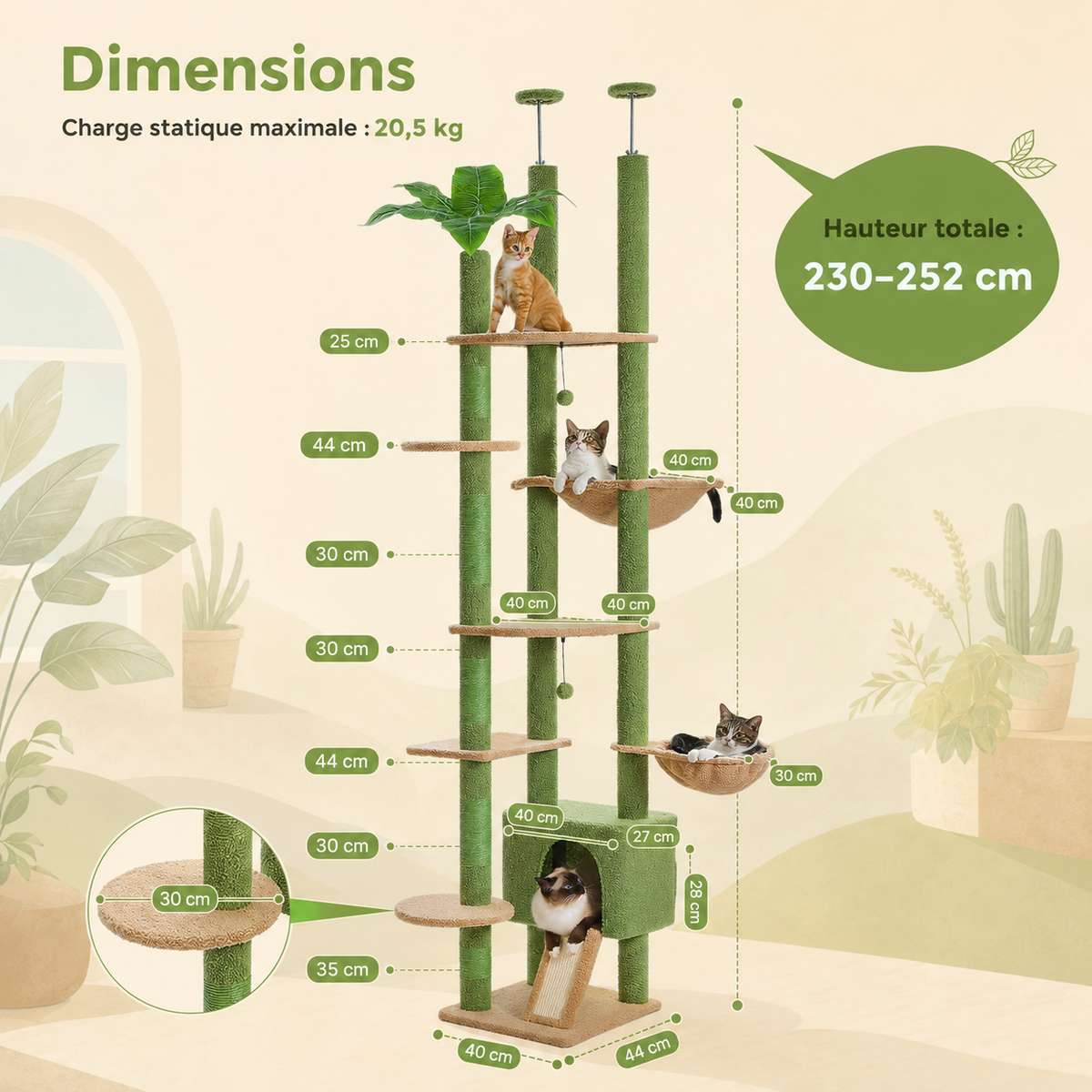 Une grande hauteur à mesurer précisément — Arbre à chat design XXL cactus du sol au plafond | Niche et hamac | Oasis