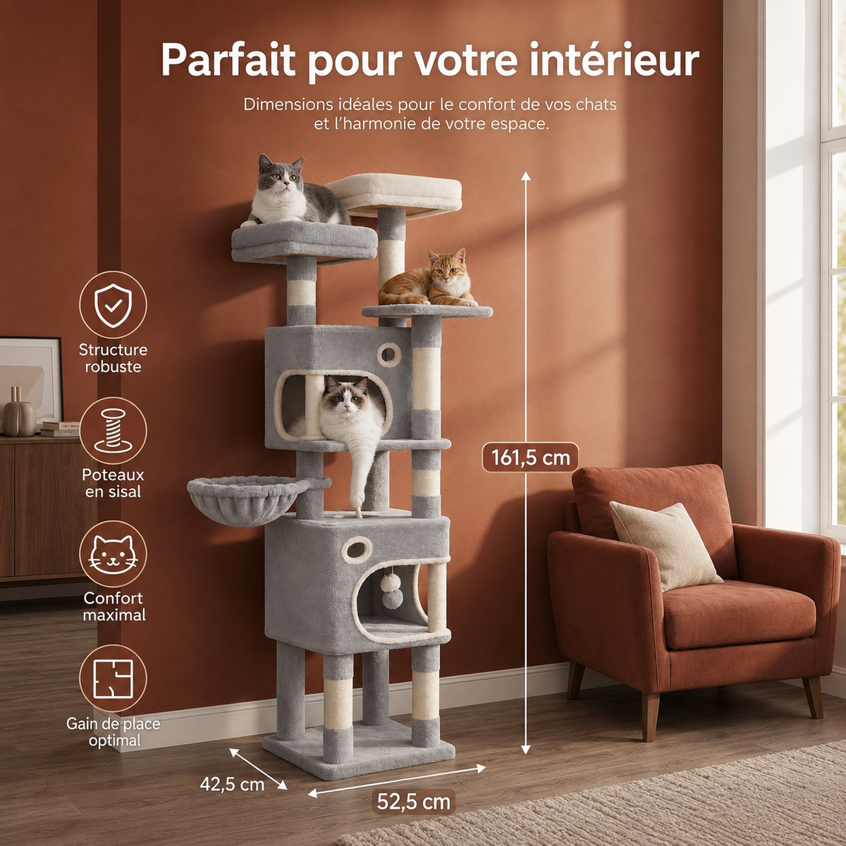 Un format familial à anticiper — Arbre à chat 159 cm | 2 niches, panier et 8 poteaux en sisal | Rivoli