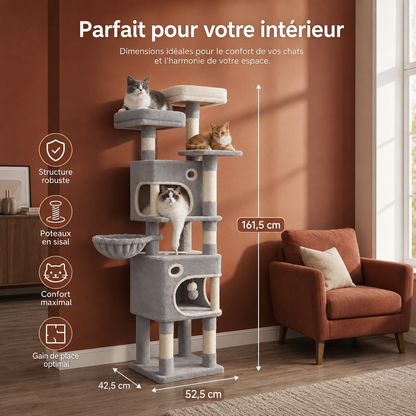Arbre à chat 159 cm | 2 niches, panier et 8 poteaux en sisal | Rivoli