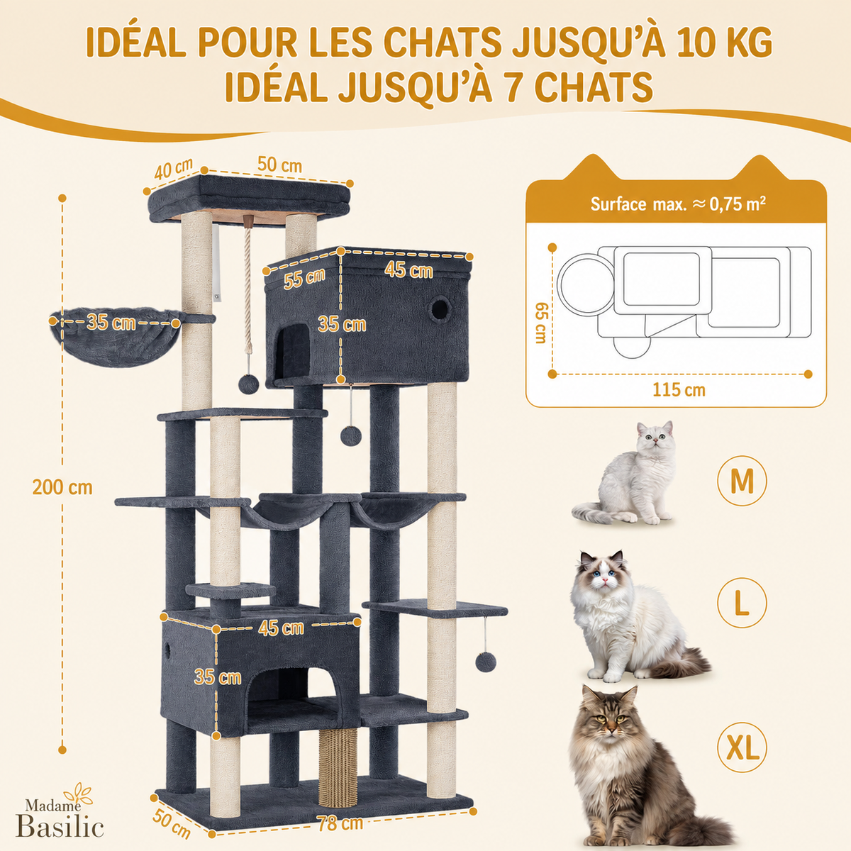 Arbre à chat XXL pour Maine Coon 200 cm | 2 niches, 2 hamacs et grand perchoir | Kodiak