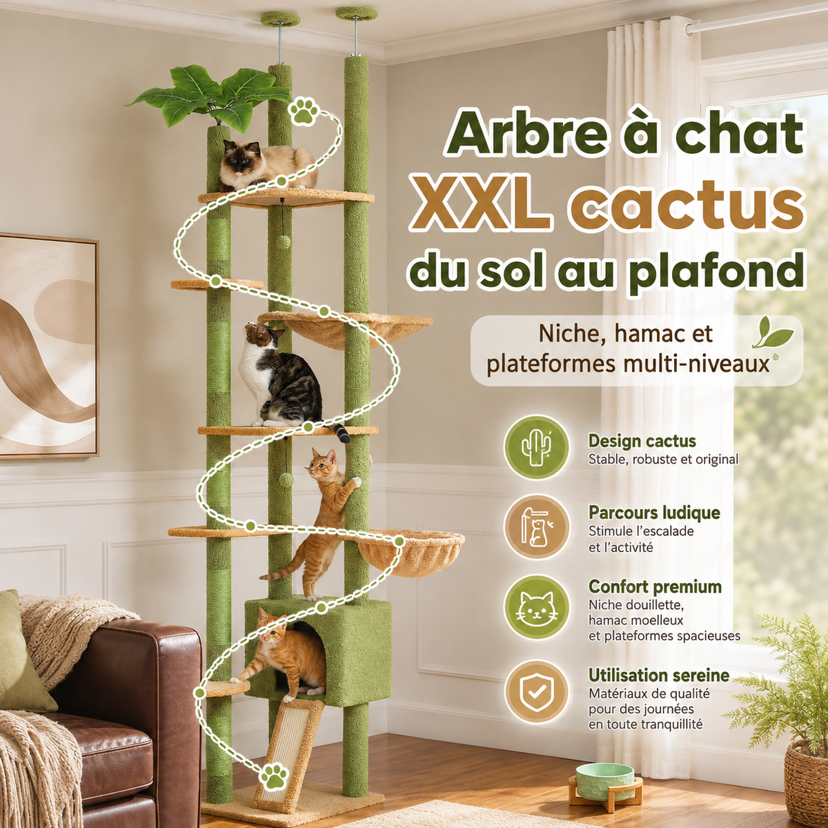 Arbre à chat design XXL cactus du sol au plafond | Niche et hamac | Oasis