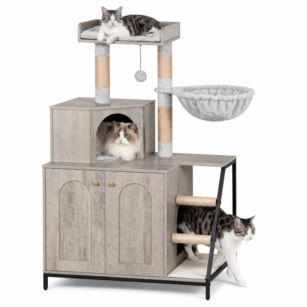 Arbre à chat design en bois avec meuble à litière intégré | Modèle 4-en-1 | Alba