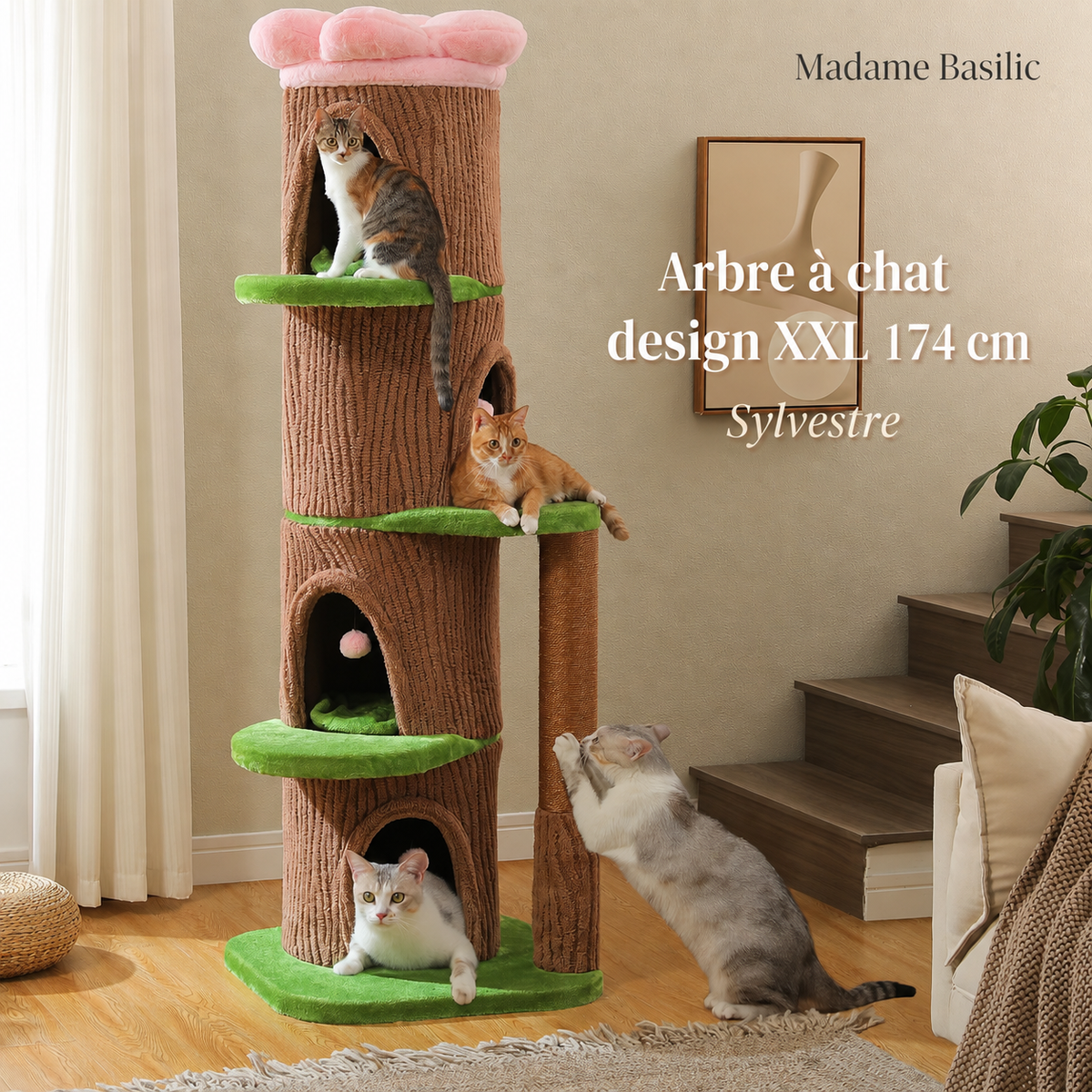Arbre à chat design XXL 174 cm | 4 niches et couchage fleur | Sylvestre