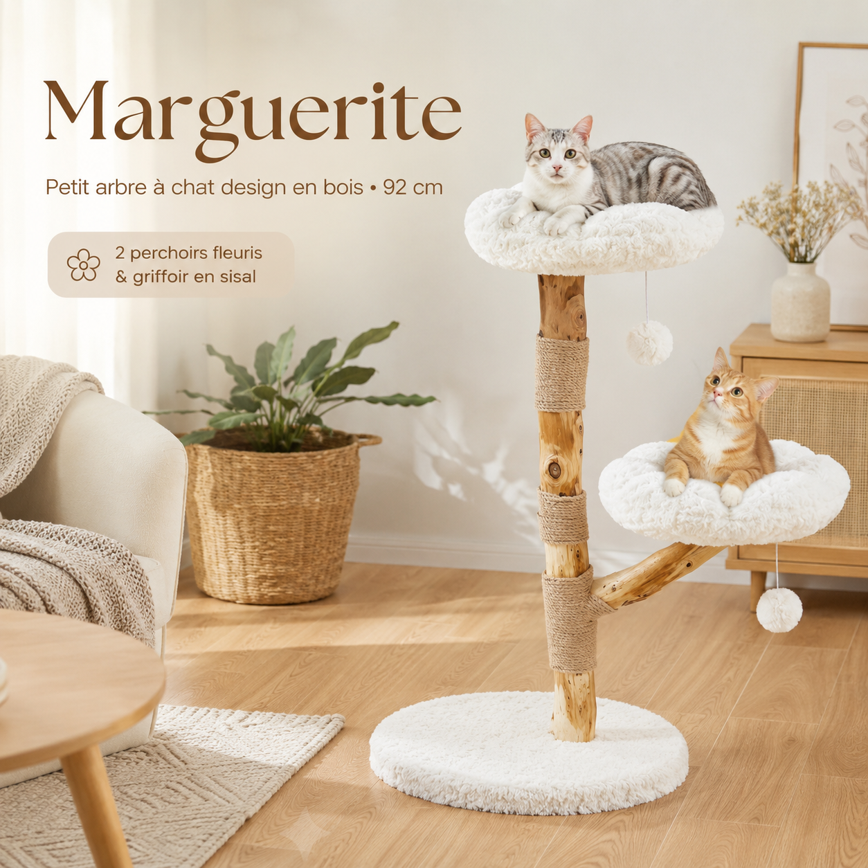 Petit arbre à chat design en bois 92 cm | 2 perchoirs fleuris et griffoir en sisal | Marguerite