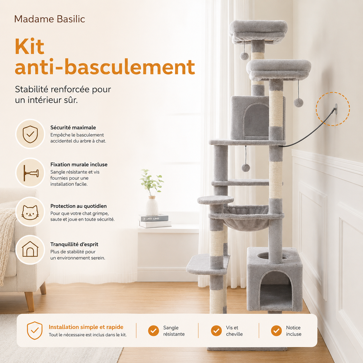 Arbre à chat design | 2 niches, hamacs et perchoirs | Milo