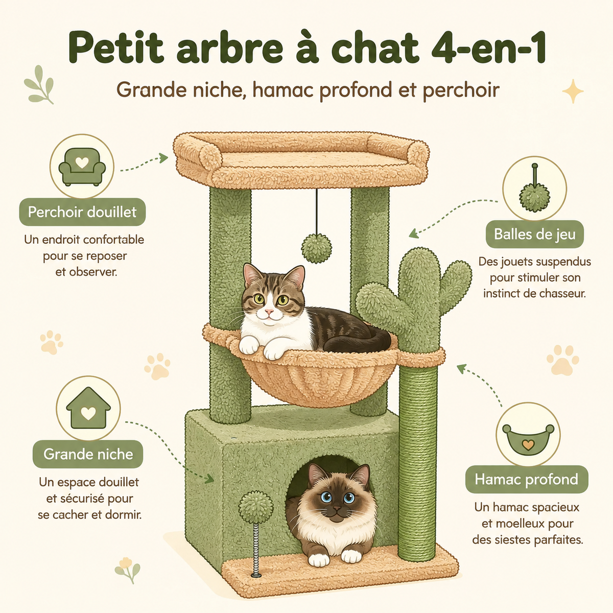 Petit arbre à chat 4-en-1 | Grande niche, hamac profond et perchoir | Cocon
