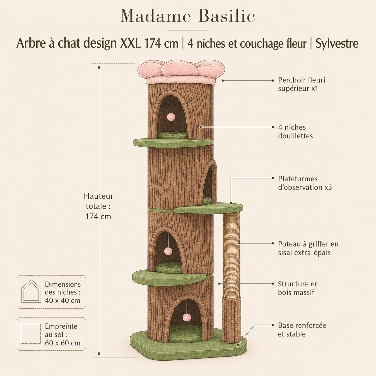 Contenu et détails — Arbre à chat design XXL 174 cm | 4 niches et couchage fleur | Sylvestre