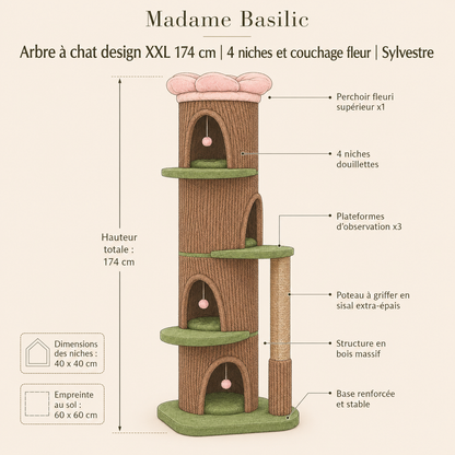 Arbre à chat design XXL 174 cm | 4 niches et couchage fleur | Sylvestre