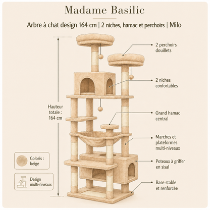 Arbre à chat design | 2 niches, hamacs et perchoirs | Milo
