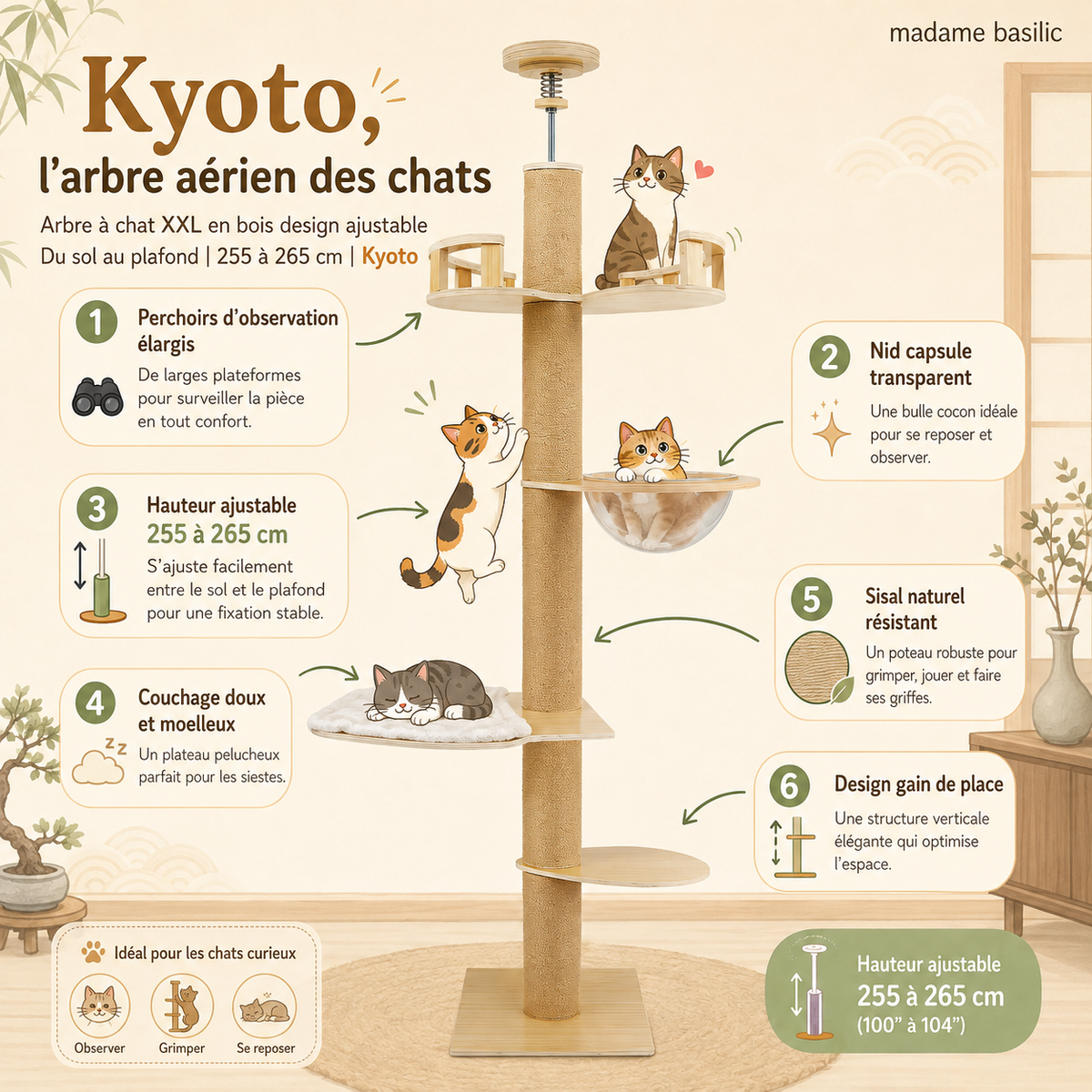Contenu et détails — Arbre à chat XXL en bois design ajustable 255–265 cm | Du sol au plafond | Kyoto