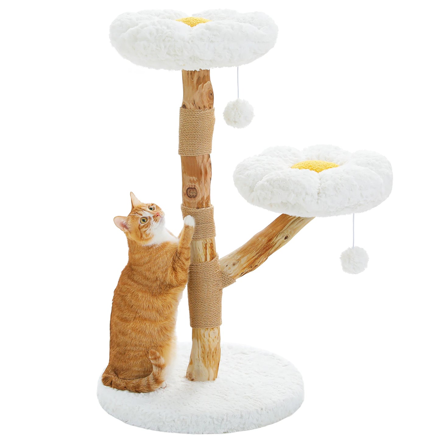 Petit arbre à chat design en bois 92 cm | 2 perchoirs fleuris et griffoir en sisal | Marguerite