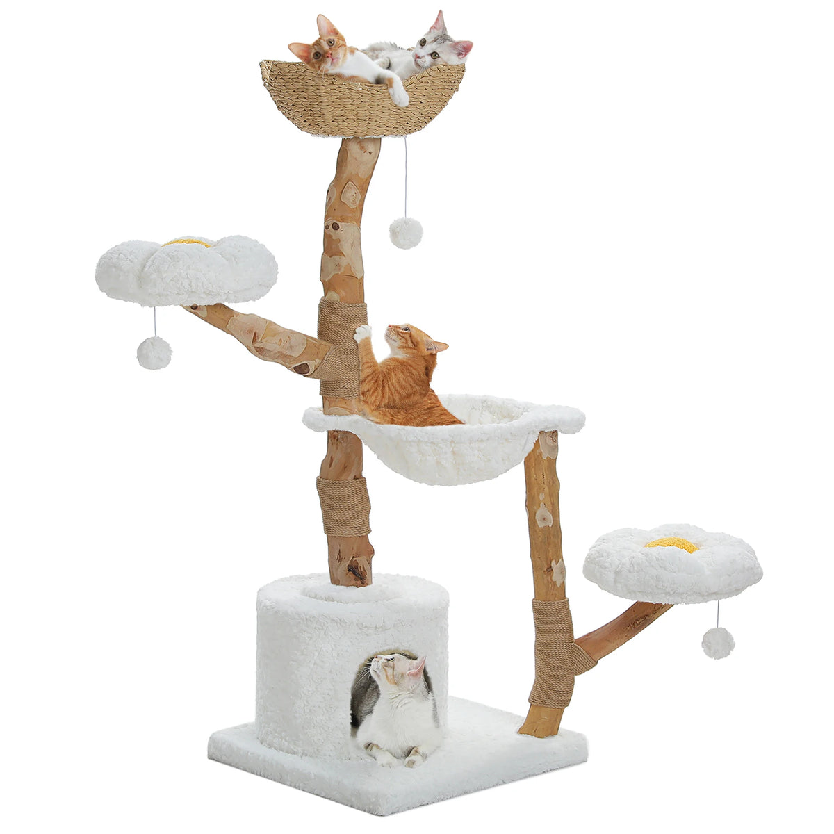 Arbre à chat design en bois floral | Paniers en osier et plateformes rembourrées | Flora