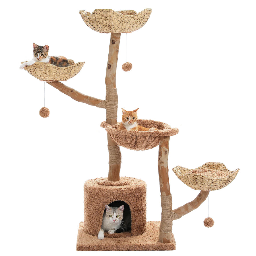 Arbre à chat design en bois floral | Paniers en osier et plateformes rembourrées | Flora