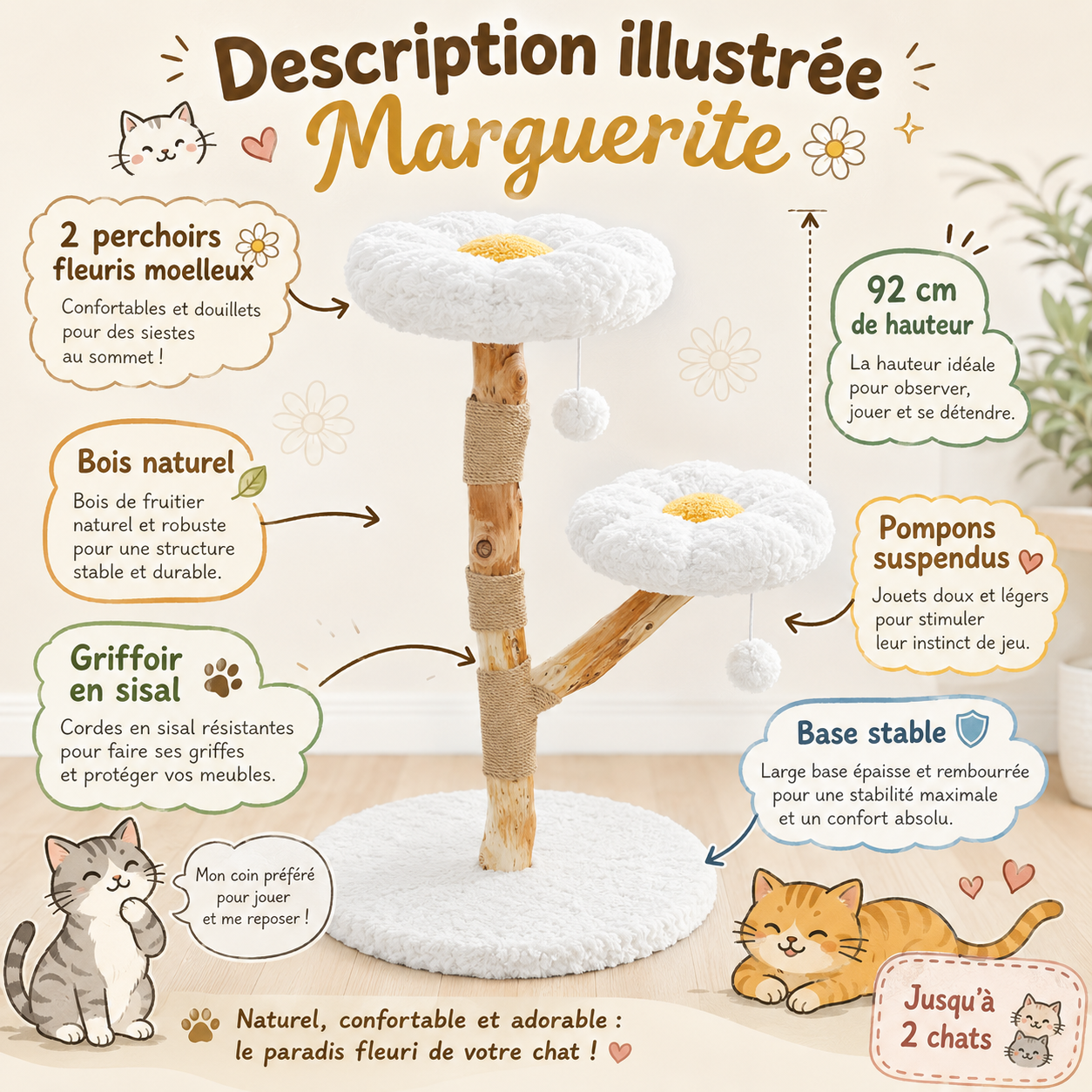 Petit arbre à chat design en bois 92 cm | 2 perchoirs fleuris et griffoir en sisal | Marguerite