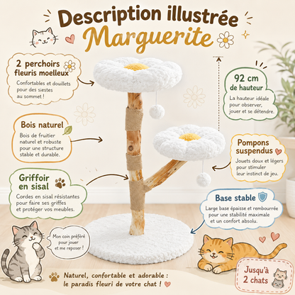 Petit arbre à chat design en bois 92 cm | 2 perchoirs fleuris et griffoir en sisal | Marguerite