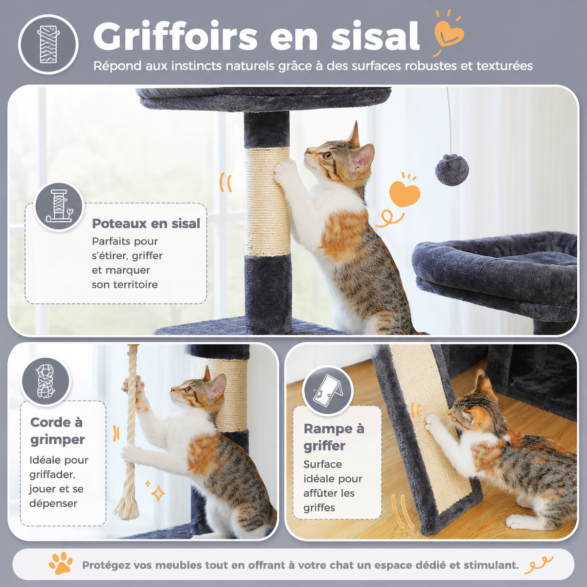 Petit arbre à chat 106 cm | Niche, hamac et perchoir rembourré | Néo