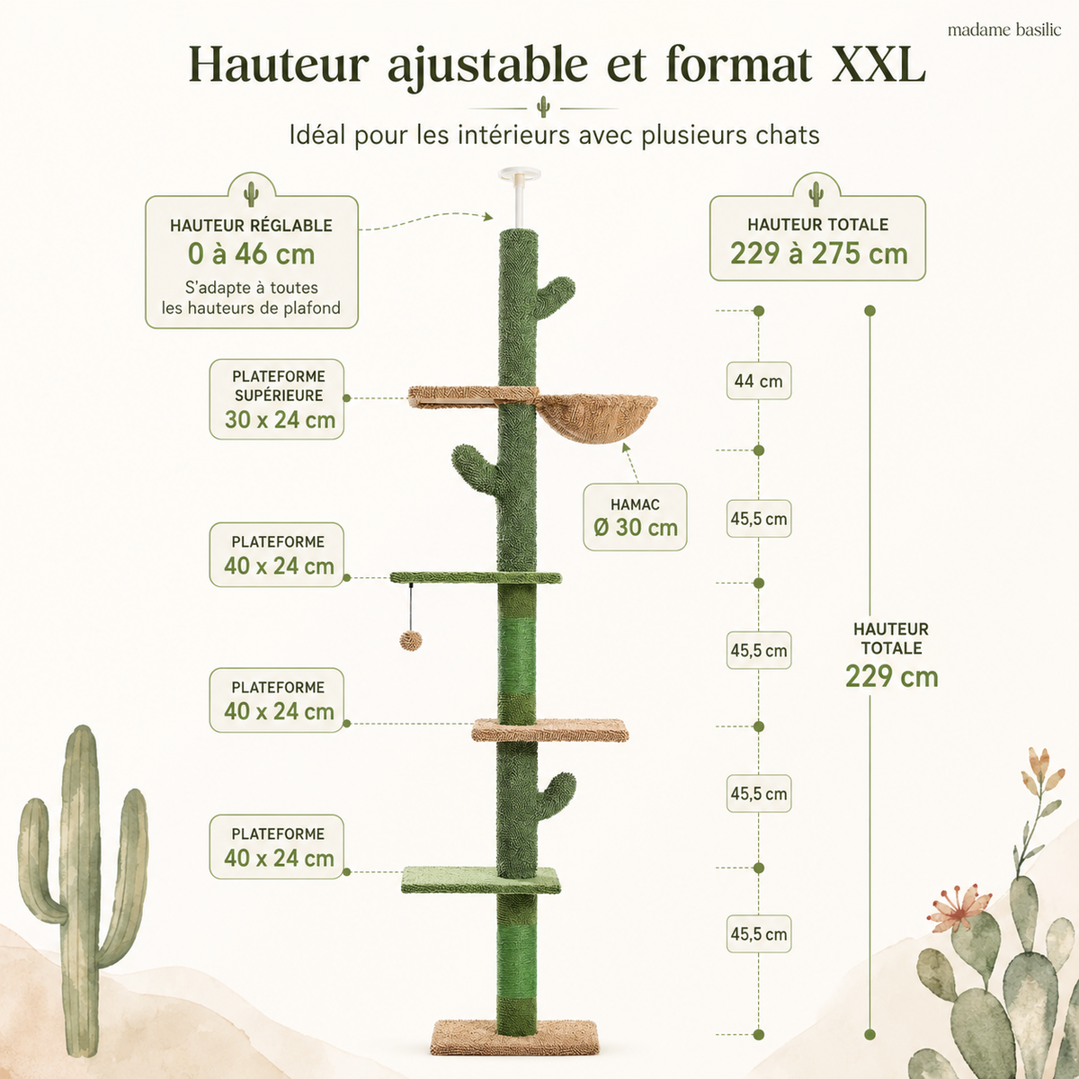 Mesurez votre plafond avant de choisir — Arbre à chat design XXL cactus du sol au plafond | 5 niveaux et hamac | Sahara