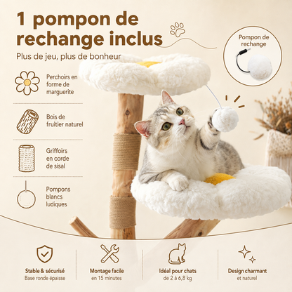 Petit arbre à chat design en bois 92 cm | 2 perchoirs fleuris et griffoir en sisal | Marguerite