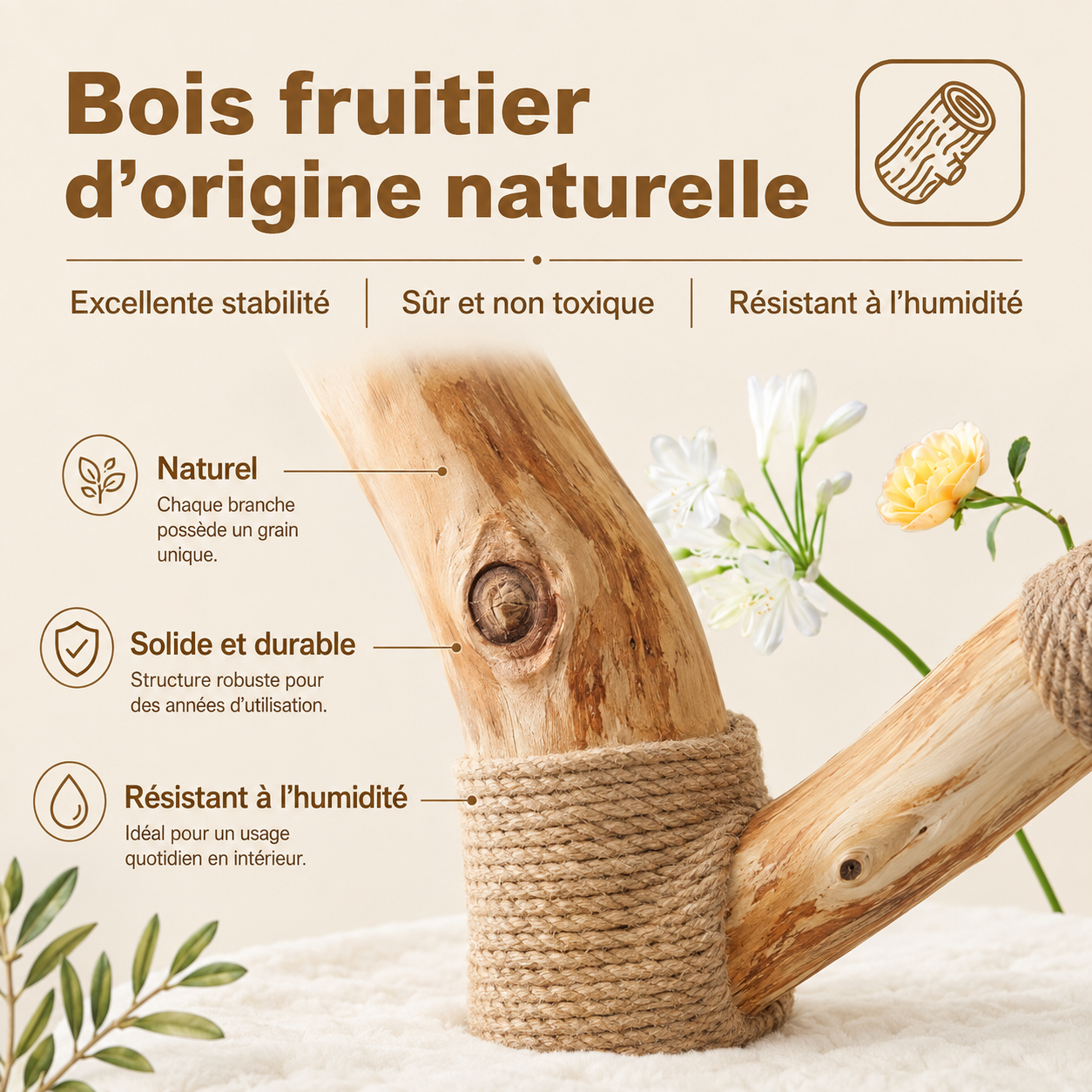 Petit arbre à chat design en bois 92 cm | 2 perchoirs fleuris et griffoir en sisal | Marguerite