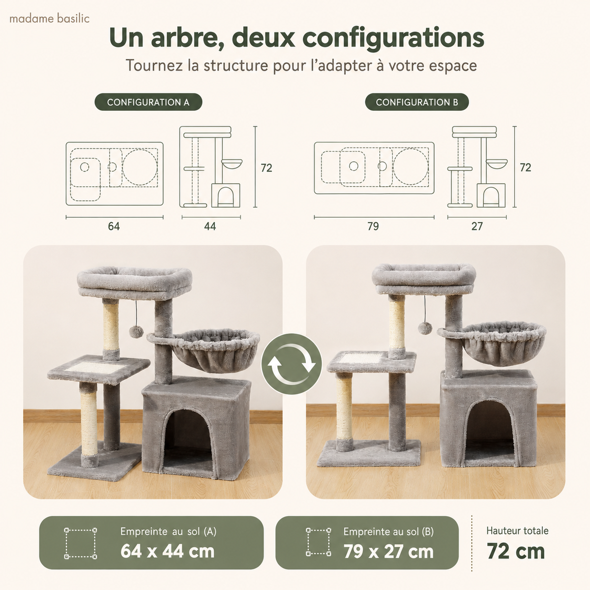 Deux orientations pour mieux le placer — Petit arbre à chat 72 cm | Niche, panier et perchoir rembourré | Nino