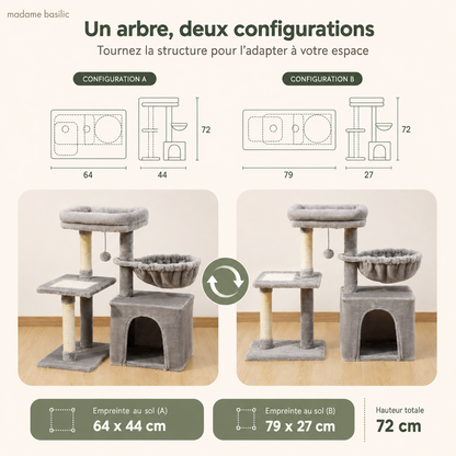 Petit arbre à chat 72 cm | Niche, panier et perchoir rembourré | Nino