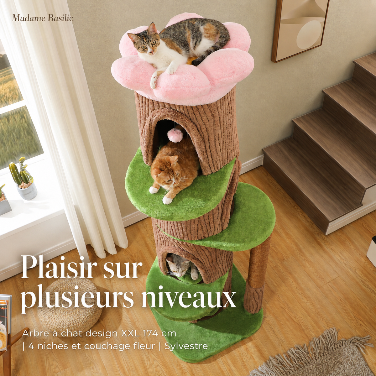 Arbre à chat design XXL 174 cm | 4 niches et couchage fleur | Sylvestre