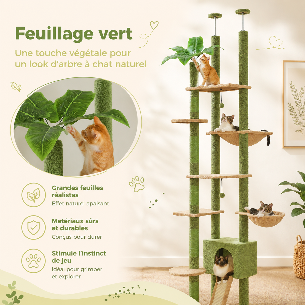 Arbre à chat design XXL cactus du sol au plafond | Niche et hamac | Oasis