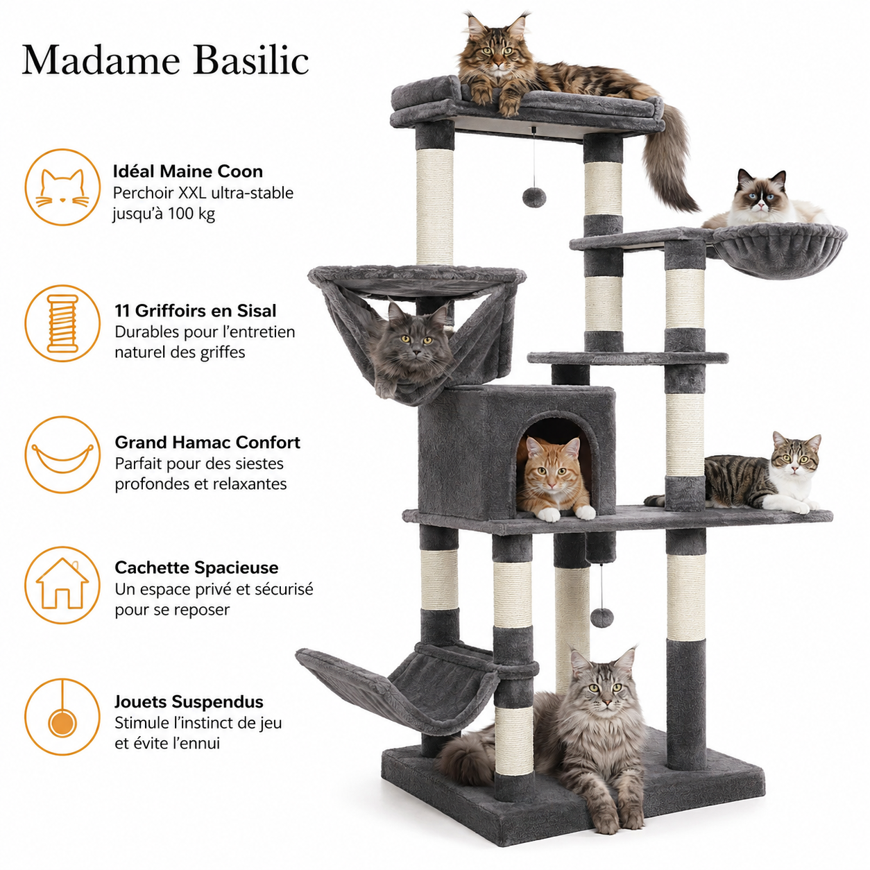 Arbre à chat XXL pour Maine Coon 170 cm | 11 griffoirs et grand hamac | Titan