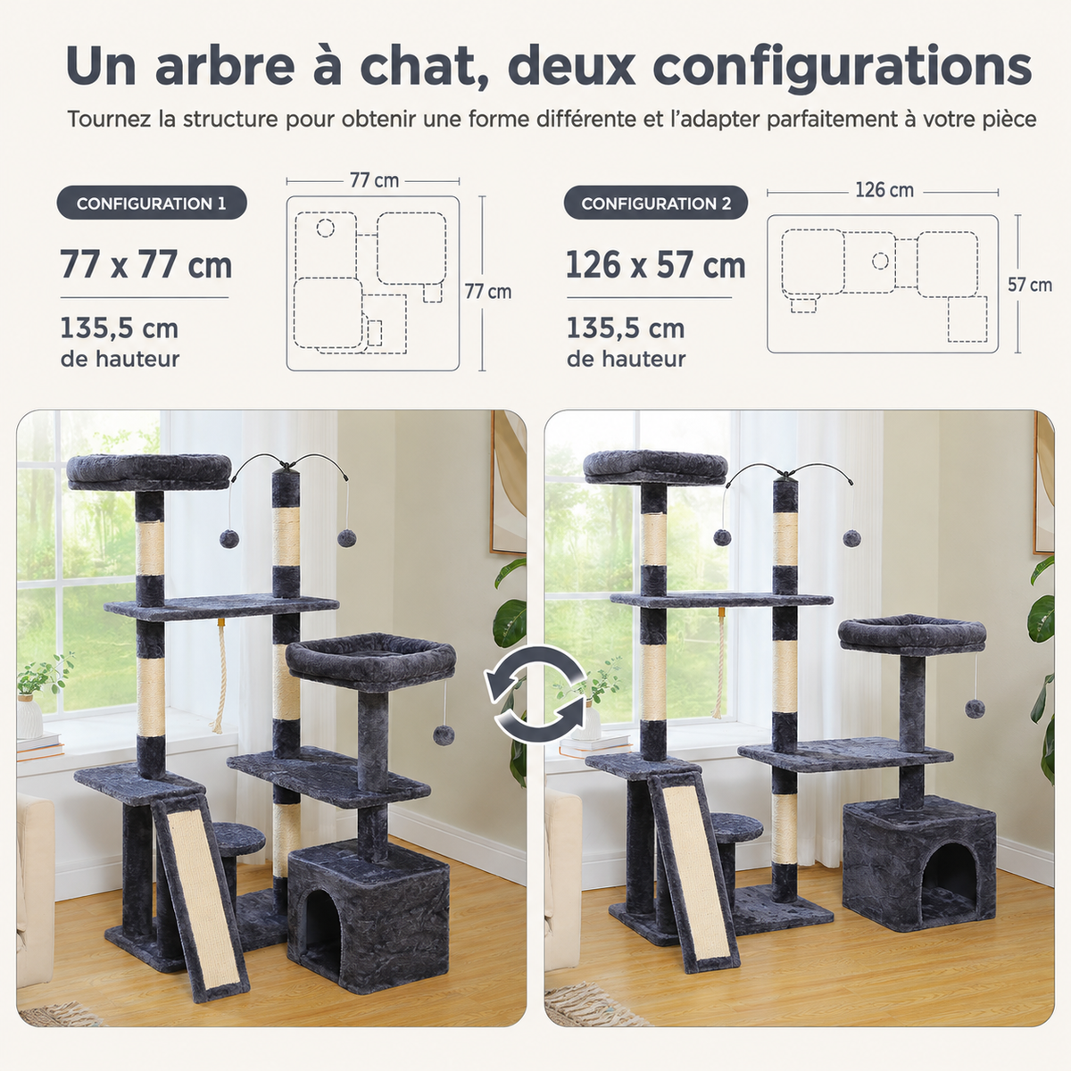 Petit arbre à chat 106 cm | Niche, hamac et perchoir rembourré | Néo