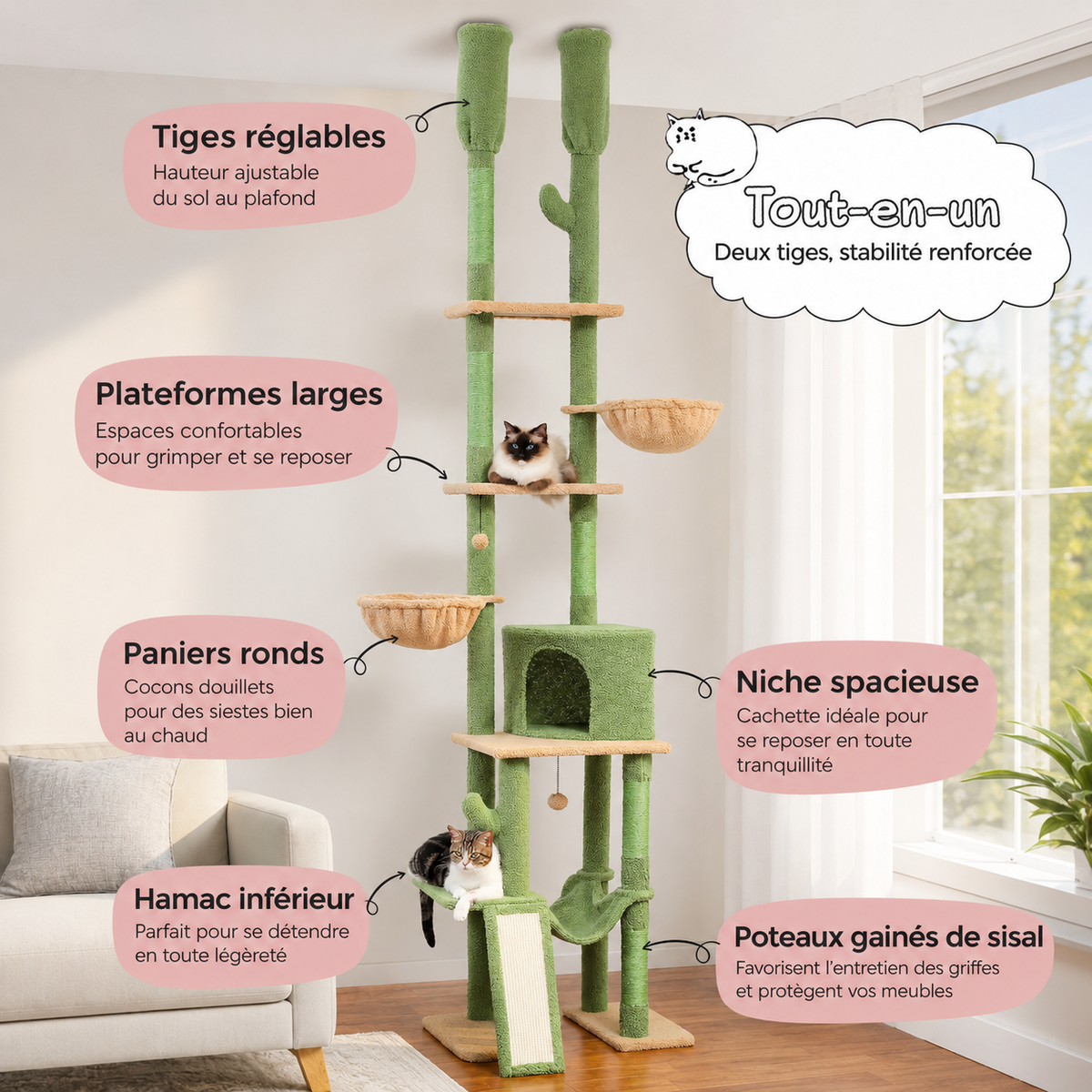 Des poteaux en sisal sur le parcours — Arbre à chat design XXL du sol au plafond | Hauteur réglable, niche et hamacs | Liane