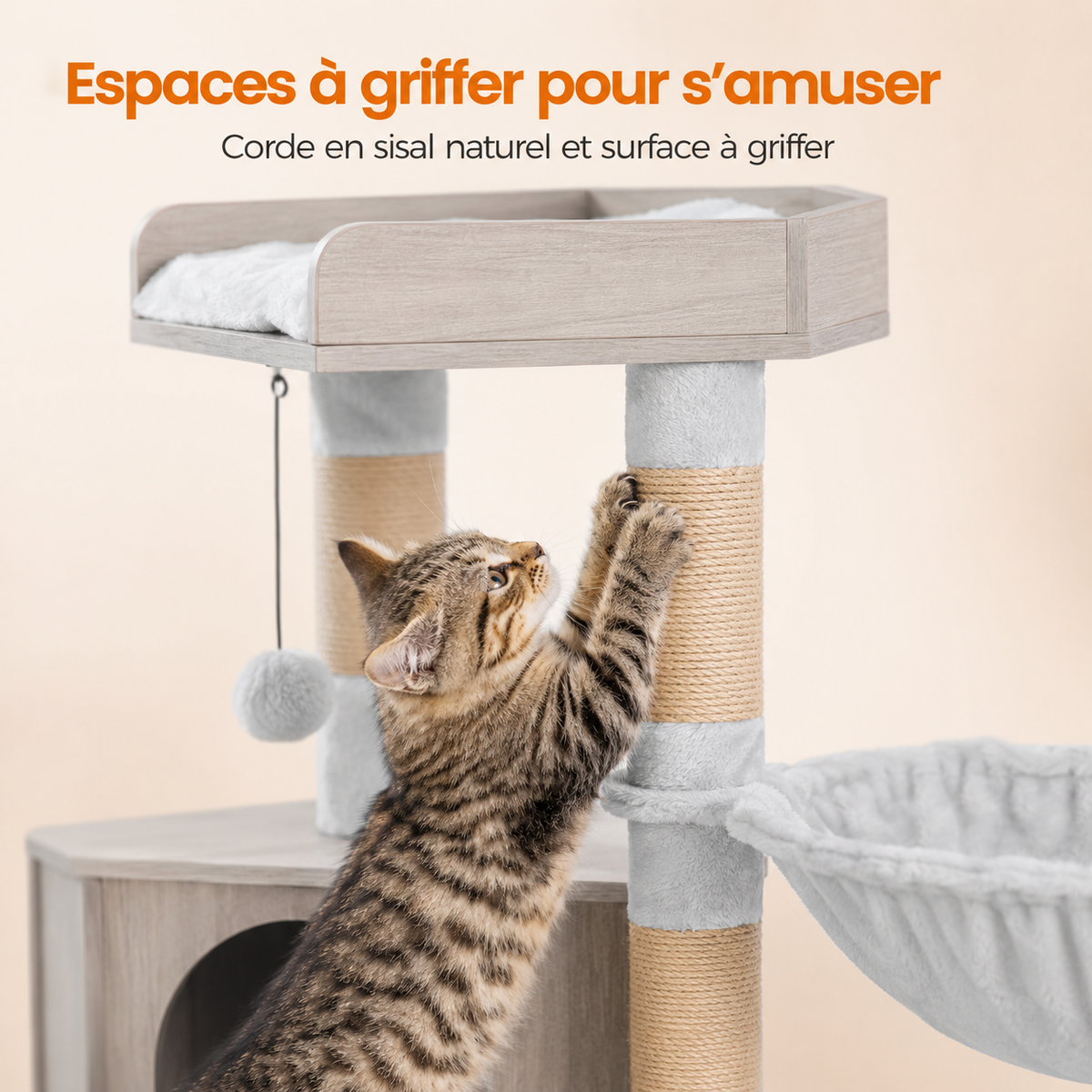Arbre à chat design en bois avec meuble à litière intégré | Modèle 4-en-1 | Alba