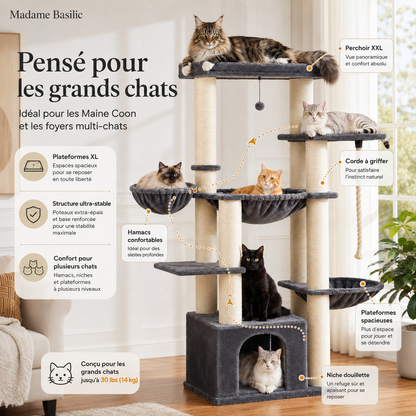 Arbre à chat XXL pour Maine Coon 170 cm | 11 griffoirs et grand hamac | Titan