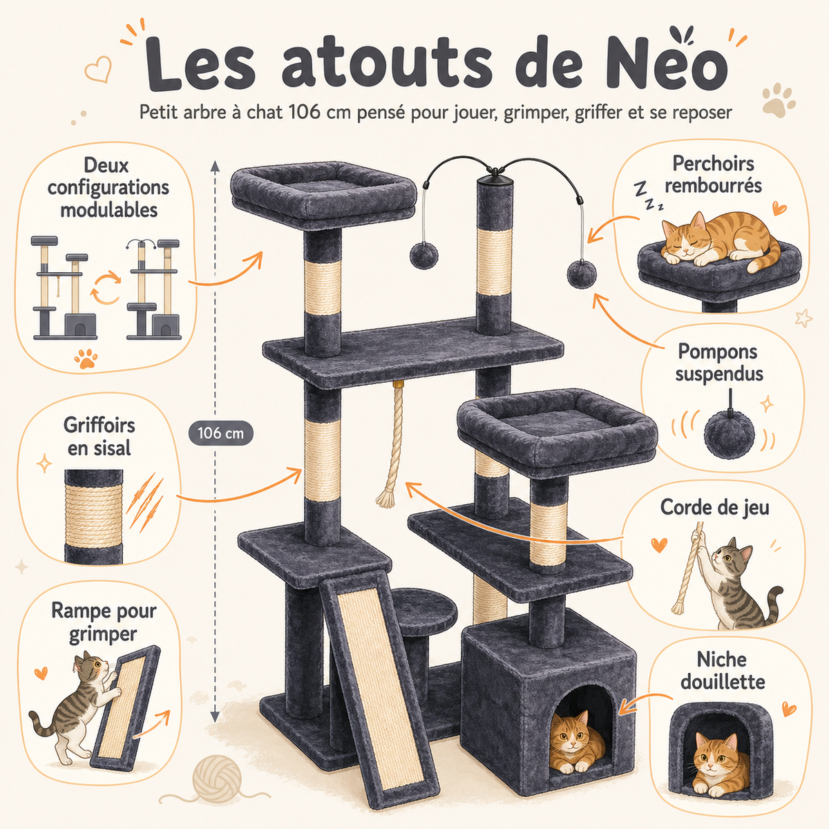 Petit arbre à chat 106 cm | Niche, hamac et perchoir rembourré | Néo