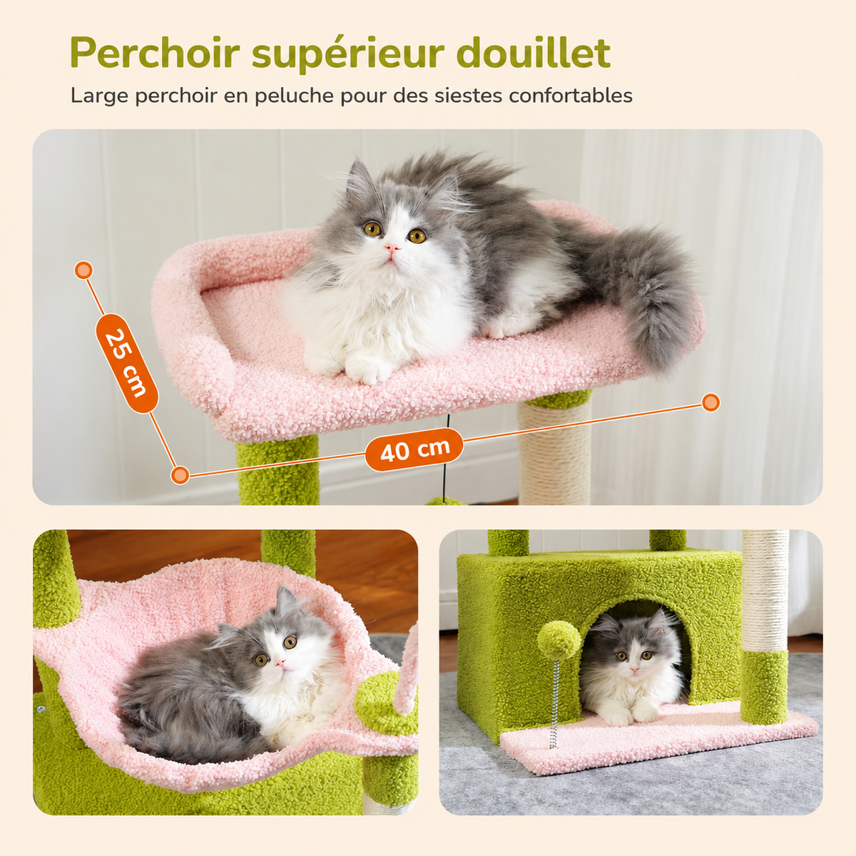 Petit arbre à chat 4-en-1 | Grande niche, hamac profond et perchoir | Cocon