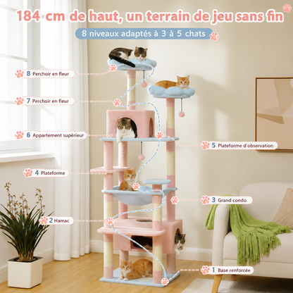 Arbre à chat design XXL pastel 184 cm | Niches et perchoirs nuage | Céleste