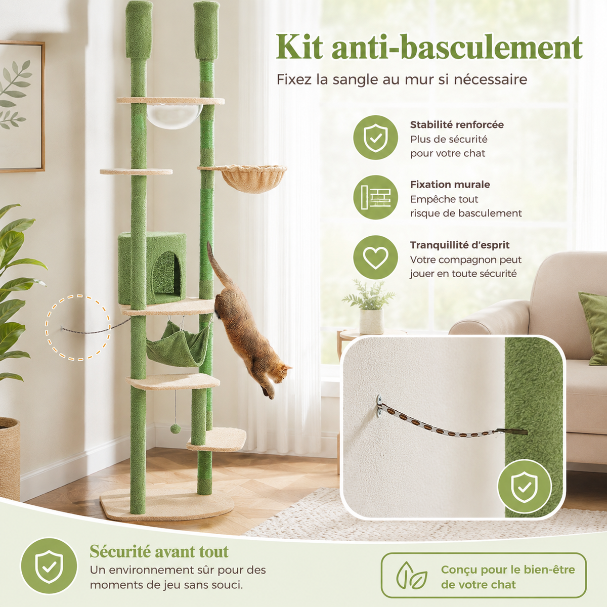 Arbre à chat design XXL du sol au plafond | Hauteur réglable, niche et hamacs | Liane